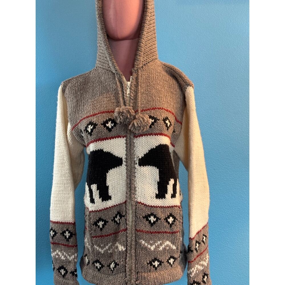 Earth RAGZ Cardigan Hoodie Sweater Jacket Zip Close Intarsia Bear Pockets S M - Picture 3 of 9
